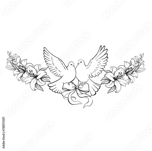 Vignette, floral frame with love doves, horizontal floral border with lilies, monochrome line art, silhouette