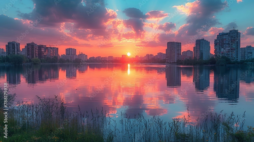 An urban landscape reflected in the calm waters of a city lake during sunset. AI generate illustration