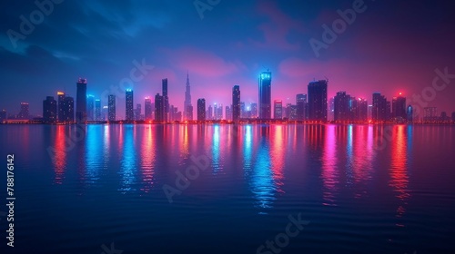 A city skyline at night with lights creating a dynamic and vibrant urban landscape. AI generate illustration © PandaStockArt