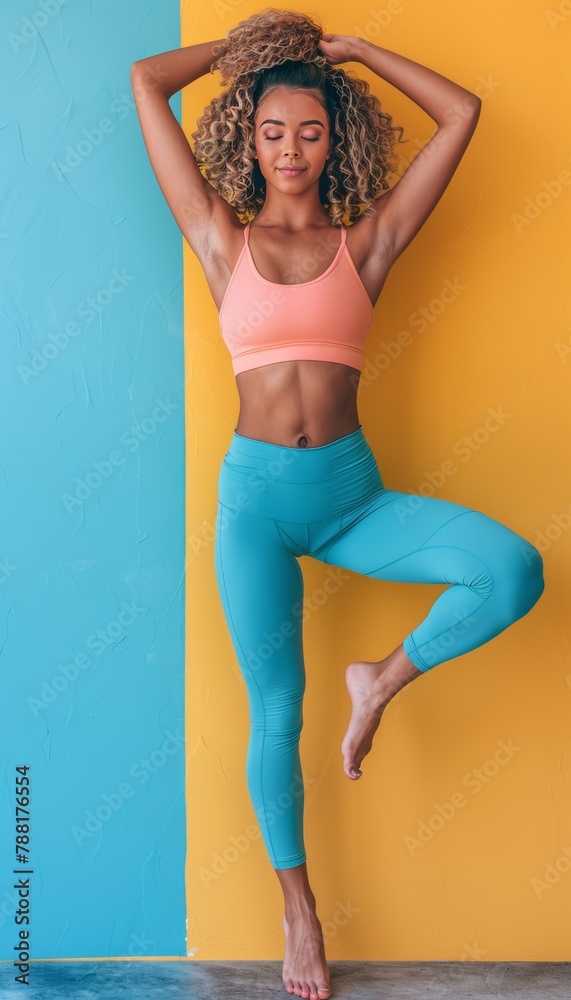 Fototapeta premium Agile gymnast balancing on one leg in workout on pastel background with copy space