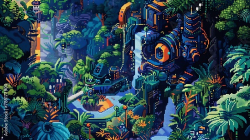 Illustrate the Robotic Jungle Symphony in pixel art style from an aerial perspective Create a vibrant and dynamic scene with intricate details, showcasing the fusion of nature and robotics in a unique photo