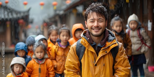 Man Teaching Outdoor Life Lesson to Group of Chinese Kids