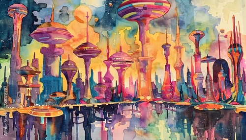 Paint a futuristic cityscape inspired by HG Wells War of the Worlds using a vibrant color palette in watercolor #788178781