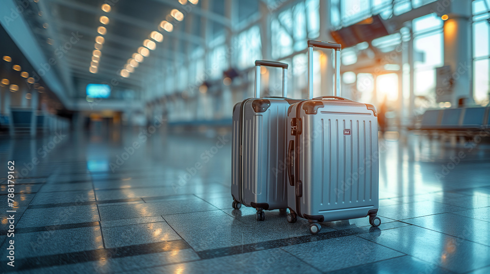 Luggage suitcases at the airport wide banner with copy space area for vacations and holiday travel concepts
