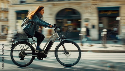 Woman Riding Electric Bike in Paris