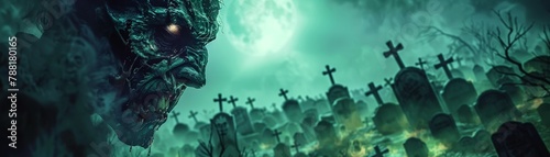 A chilling visage of undead horror and primal rage, set against a backdrop of moonlit graves in shades of ghastly green and eerie violet , professional color grading