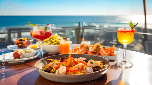 Set of Spanish seafoos tapas with sangria on wooden table against the sea