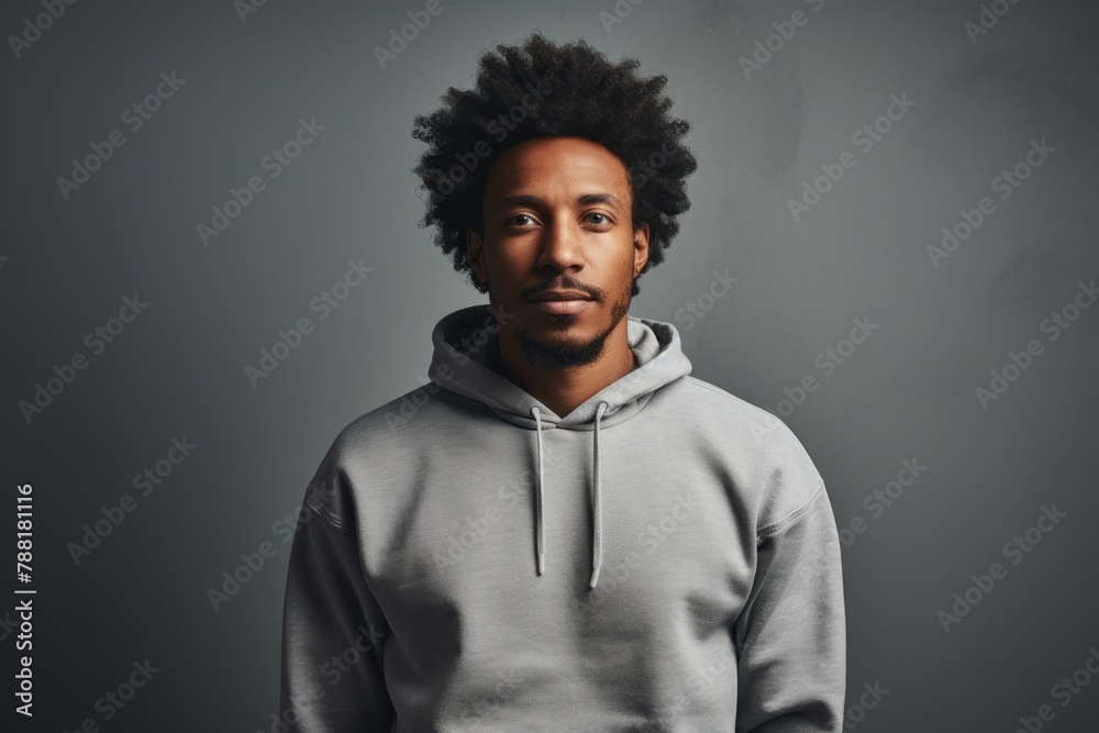 Portrait of a glad afro-american man in his 20s sporting a comfortable hoodie over minimalist or empty room background Portrait of a glad afro-american man in his 20s sporting a comfortable hoodie over minimalist or empty room background
