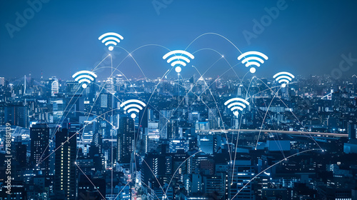 The modern creative communication and internet network connect in smart city . Concept of 5G wireless digital connection and internet of things future.
 photo