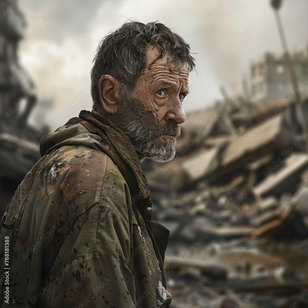 Highly realistic illustration of a refugee amidst the ruins of a war-torn city. Conveys the pain, despair, and resilience of the refugee against a backdrop of smoke, debris, and remnants. 