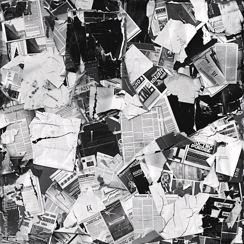 Newspaper magazine collage background texture with torn clippings in black and white