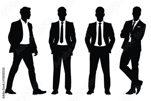 Businessman in a suit walking with a hand in his pocket, Businessman in different poses side profile vector silhouette set isolated on a white background. Businessmen Silhouettes.