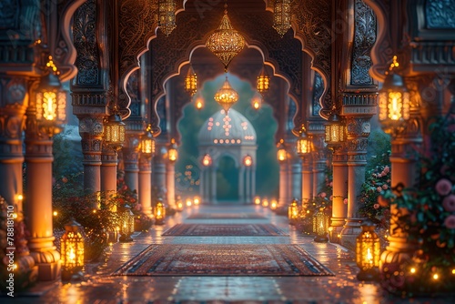 Eid Mubarak Royal Elegant Lamp with Mosque Holy Gate with fireworks copy space for text