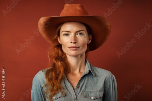 Portrait of a satisfied woman in her 30s wearing a rugged cowboy hat over solid color backdrop
