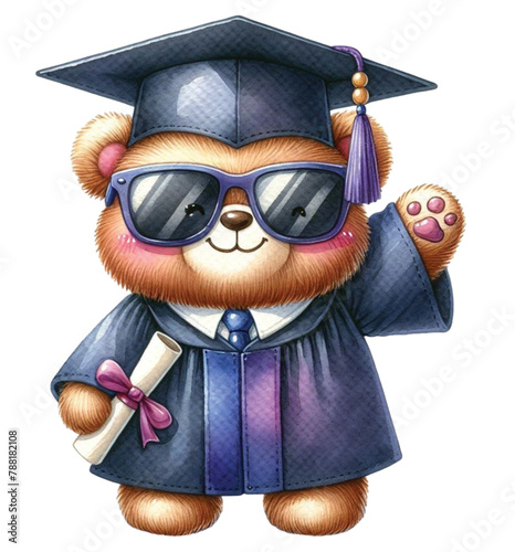 bear graduation gown standing happily clipart watercolor
