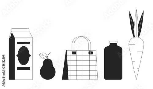 Grocery goods black and white 2D line cartoon objects set. Supermarket food and drink isolated vector outline items collection. Shopping bag grocery store package monochromatic flat spot illustrations
