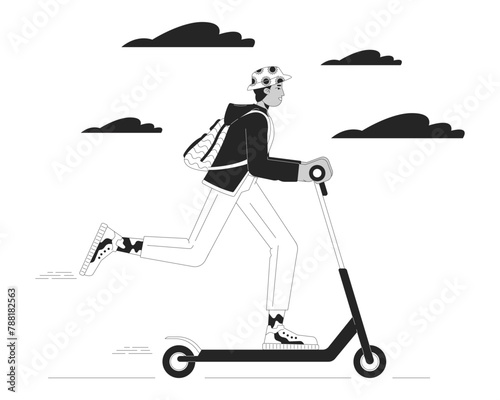 Indian young adult man riding electric scooter black and white cartoon flat illustration. South asian guy e-scooter 2D lineart character isolated. Urban mobility monochrome scene vector outline image