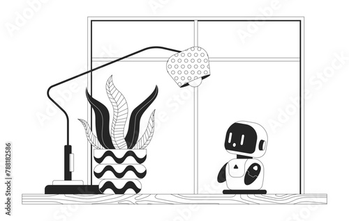 Small companion robot on desk office black and white cartoon flat illustration. Study buddy bot tabletop lamp houseplant 2D lineart interior isolated. Wow amazed monochrome scene vector outline image