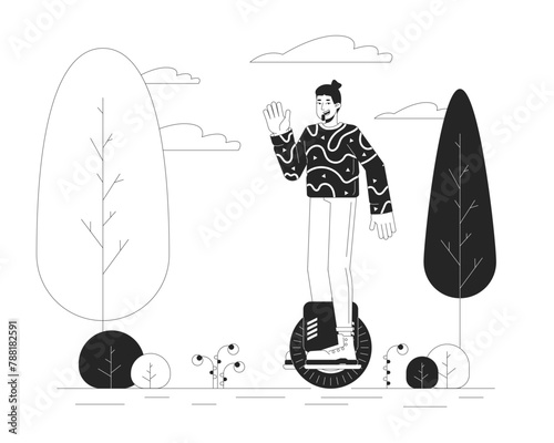 Caucasian guy riding electric unicycle black and white cartoon flat illustration. One wheel scooter man 2D lineart character isolated. Green mobility technology monochrome scene vector outline image