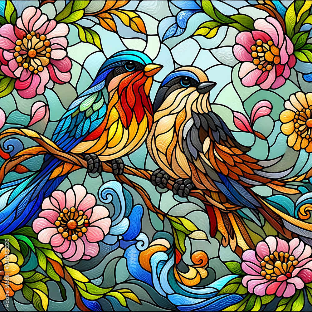 Naklejka premium A pair of spring birds on a flowering branch in stained glass style