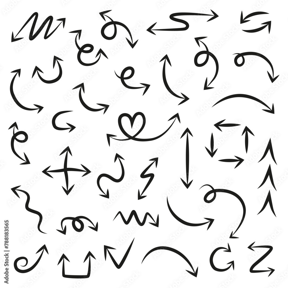 A set of arrows of different shapes and directions. Thin line arrows. A set of arrows of different shapes and directions. Thin line arrows.