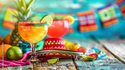 A glass of maracas margarita and a sombrero on a table. The table is decorated with a colorful banner and a few fruits. Cinco de Mayo, Mexican colorful summer fiesta party, Mexican decorations. © Nataliia_Trushchenko