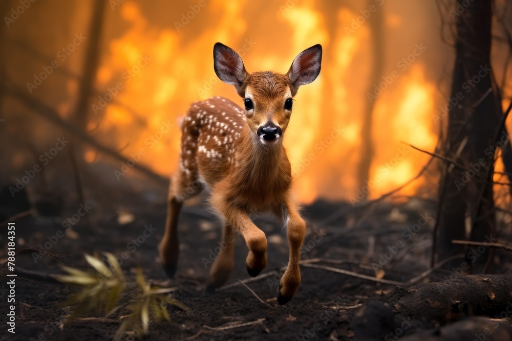 Fototapeta premium A little deer flees from a burning forest, forest fire