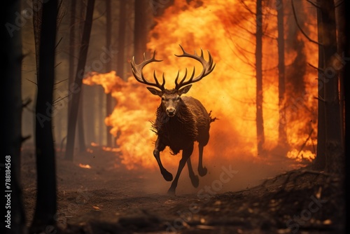 Deer fleeing from a burning forest, forest fire
