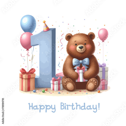 Watercolor birthday card with big number one and gift boxes