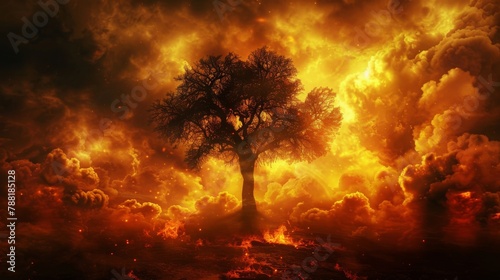 Lone tree standing amidst billowing clouds of smoke and fire, encapsulating the struggle and resilience of nature against the backdrop of a raging wildfire photo