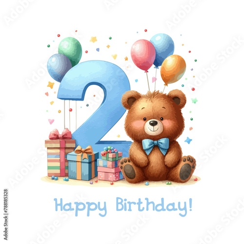 Watercolor birthday card with big number two and gift boxes