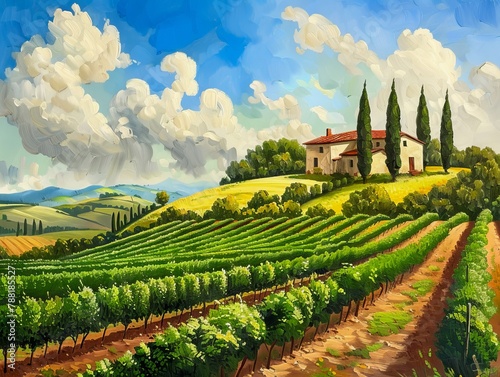 A painting of a vineyard and a house in italy.