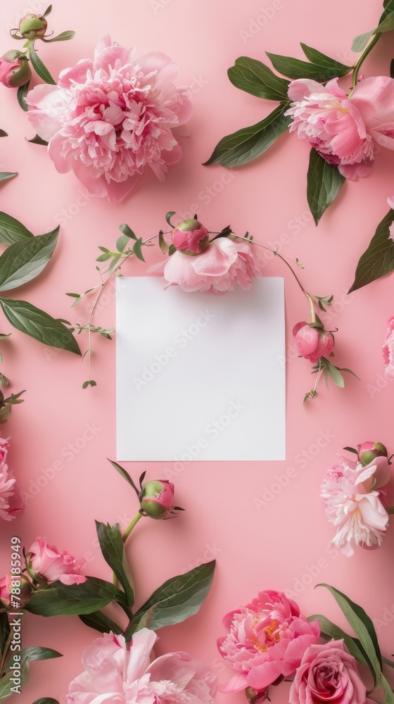 Blank square card surrounded by pastel colored flowers on a light pink background