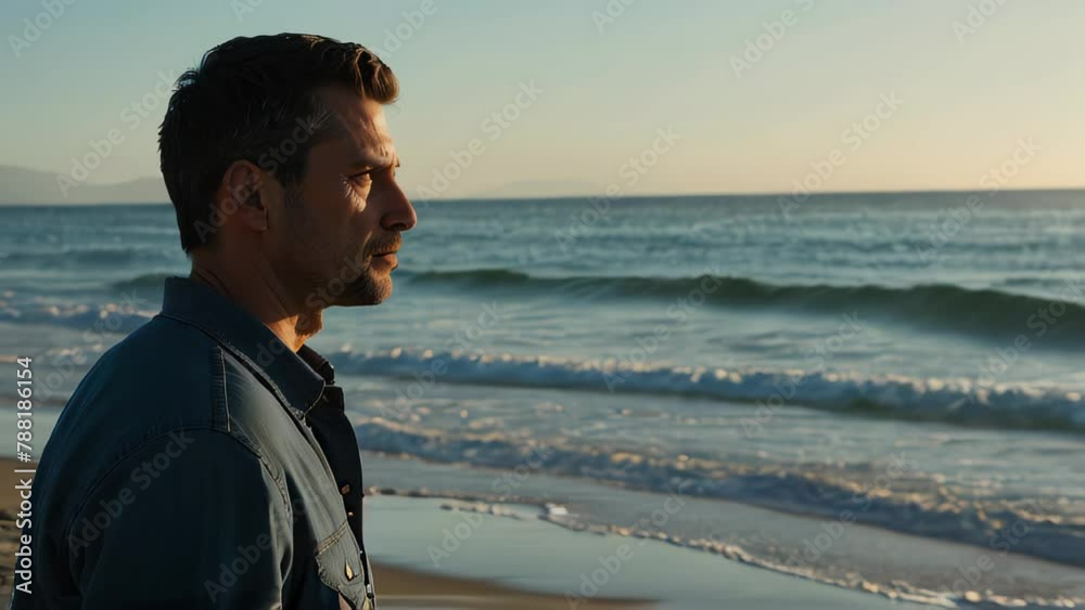 MAN GAZING INTENTLY OUT TO SEA. VIDEO. HORIZONTAL.