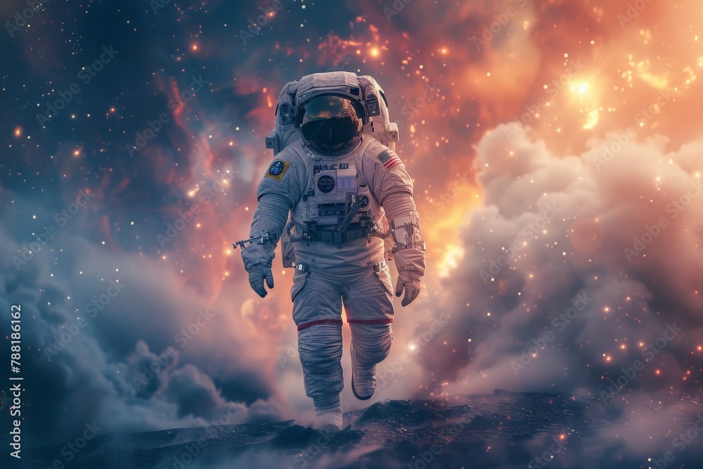 Solitary astronaut exploring an otherworldly discovery landscape Solitary astronaut exploring an otherworldly discovery landscape