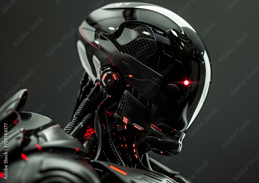 Fototapeta premium Futuristic Robot Head Close-Up with Red LED Lights on Dark Background