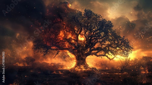 Majestic tree aglow amidst a devastating forest fire, a powerful representation of nature's vulnerability and the stark reality of wildfires photo