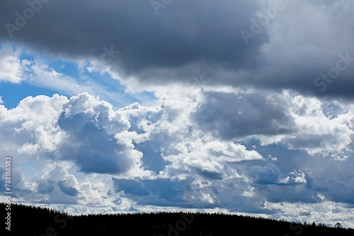 Nature scene of cloudy spring sky at Nurmiselkä lake with dark forest, Hossa National Park, Suomussalmi, Finland. photo