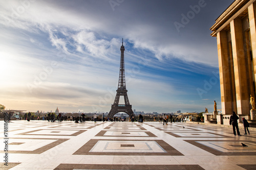 PARIS, FRANCE - MARCH 30, 2024: Eiffel Tower seen from the Jardins du Trocadero in Paris, France. Eiffel Tower is one of the most iconic landmarks of Paris