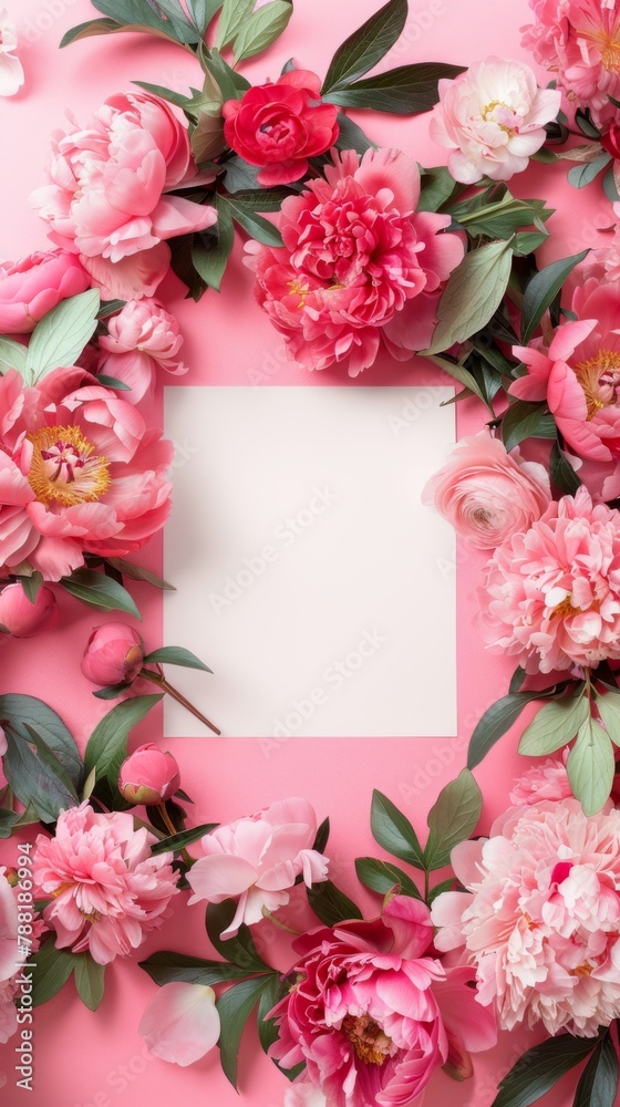 Blank square card surrounded by pastel colored flowers on a light pink background Blank square card surrounded by pastel colored flowers on a light pink background