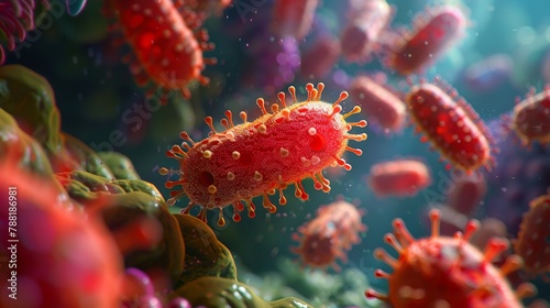 A mesmerizing depiction of typhoid red bacteria in vivid 3D, featuring a character entranced by its vivid colors and striking realism , high detailed photo