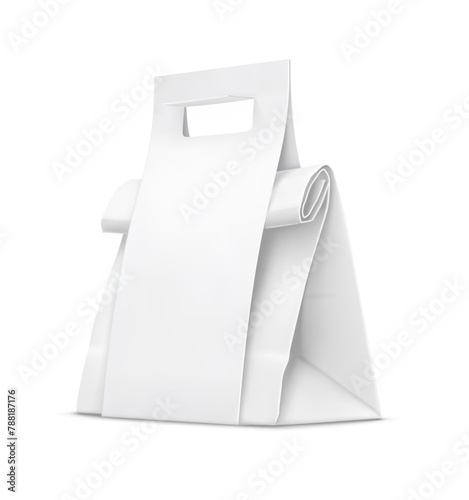 White paper bag with handle for fast food delivery. Takeaway packaging to go. Isolated on white background. Realistic object blank label branding design. Vector illustration.