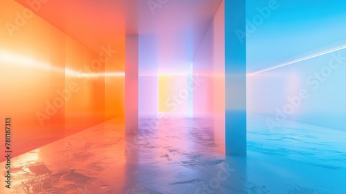 Path traced neon lights in a concrete room. Red orange blue gradient.