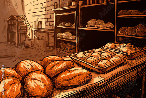 Freshly cooked bread products in bakery. Popular type of small business. Loaves of bread waiting for buyers