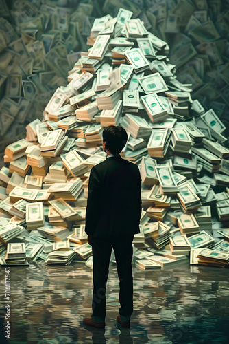 Man Standing in Front of Pile of Money. Generative AI