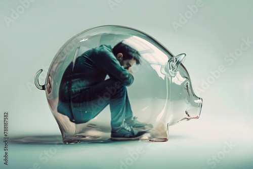 Man Sitting Inside Transparent Piggy Bank. Generative AI