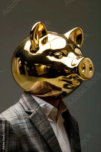 Man in Suit With Gold Pig Bank Mask. Generative AI