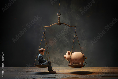 Boy Sitting on Scale Next to Piggy Bank. Generative AI