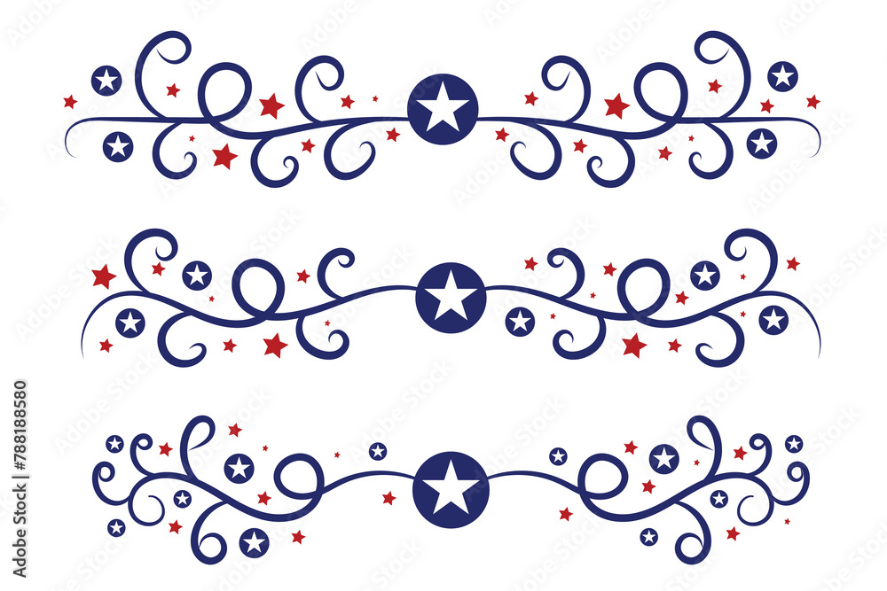 4th of July lettering header Ornate swirls, patriotic red stars, and blue Elegant fancy separators Decorative Elements, American Independence Day Calligraphy Flourishes text dividers