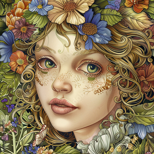 Portrait of a girl in the style of seasons, spring, netral background.